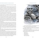 Rechts oben: Illustration von drei Männern in einem Pferdewagen, der neben einem großen Baum angehalten hat. Links: Textseite.