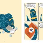 Links: "COLORFUL BIRDS: Hue Are You?" Ein blaues Wesen schreibt. Rechts: Das Wesen, Loch Ness Monster, spricht über ein Wissenschaftsbuch.