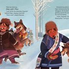 Zwei Szenen in einem verschneiten Wald. Links, Leute versammeln sich bei einer Person mit einer Glocke. Rechts, jemand füttert einen Hund.