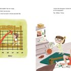 Text links: "The bunk bed ladder has six rungs. He climbs them two by two..."

Text rechts: "I know this because I timed him on his stopwatch..."

Links Illustration: Kind klettert mit Pfeil auf Leiter. Rechts Illustration: Zwei Kinder im Zimmer.