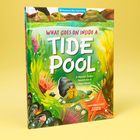 Text: "What Goes on Inside a Tide Pool: A Hermit Crab's Search for a New Home." Illustration von Meereslebewesen.