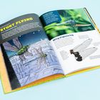"Superpower: Stunt Flying", "Flying Stats", "Wing Engineering". Buchseiten über Libellen mit Illustrationen und Fotos.