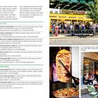 Links oben: "such as Schnitzel Holstein..." Unten rechts: "From its sausage stands to cafés..." - Bilder von Restaurants und Döner.