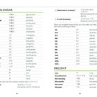 Zweisprachige Übersicht von Wochentagen, Monaten, Jahreszeiten, Datum und Zeitangaben in Englisch und Japanisch.