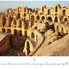 Text: "El Djem Amphitheater". Historische Ruine mit Bögen und Steinstrukturen im Sonnenlicht. Kalender unten mit Zahlen.