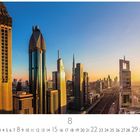 Dubai, Skyline. Unten sind Zahlen von 1 bis 31. Hochhäuser im Sonnenuntergang, moderne Architektur.