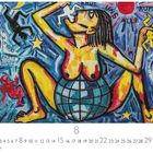 "Erde uns alle aufessen. Tornado, Earthquake, Swine Flu, Hurricane, Tsunami. Illustration einer Frau mit Globus."