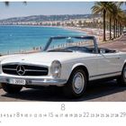 "Mercedes 280 SL" und "CASARES EDITION" stehen unter einem weißen Cabrio an einer malerischen Küste mit Palmen.