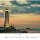 Kalenderblatt mit Texten "Tarkhankut, Krim" und "CASARES EDITION". Ein Leuchtturm bei Sonnenuntergang am Meer.
