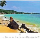 Text: "Unawatuna", Kalenderzahlen darunter. Küste mit grünem Wasser, Palmen am Strand, liegender Baumstamm am Ufer.