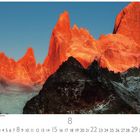 „Mount Fitz Roy in der Abendsonne“ steht unten links. Bild zeigt dramatische Felsformationen, golden beleuchtet.