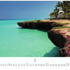 „Varadero“ und Ziffern von 1 bis 31. Türkisblaues Meer, Klippe, palmengesäumtes Ufer, klare Himmel.