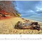 "Baltische Küste", Kalenderseite mit Strand, totem Baumstamm, kühlen Farben, bewölktem Himmel und herbstlicher Stimmung.