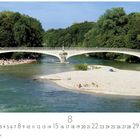 Text: „Isar“, „1 2 3 4 5...31“, „8“, „CASARES EDITION“. Eine Brücke über einen Fluss, umgeben von Bäumen, Strandszenen.