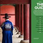 Text: "THE GUIDE. Chapters in this section are organised by neighbourhood..."  
Ein Mensch in traditioneller koreanischer Kleidung von hinten.
