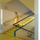 Eine Frau in gelber Kleidung geht eine Treppe mit gelbem Boden und schwarzem Geländer hinunter, beleuchtet von Sonnenlicht.