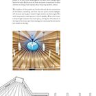 Der Text beschreibt eine Holzdecke mit integrierten Bänken und Oberlichtern, die ein offenes und flexibles Raumgefühl schaffen. Darunter sind ein Foto der Decke mit Beleuchtung und eine technische Zeichnung.