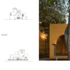 Texte: South Elevation/Fachada sur, North Elevation/Fachada norte, 1920s–1930s. Links Architekturzeichnungen, rechts ein gelber Bogen mit Baum.