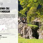 Text: "TREK 3, BAVONA-TAL UND MAGGIA, 3 ETAPPEN, Ausgangsort: Bignasco, Ziel: Fusio." Ein Wanderer in grüner Natur.