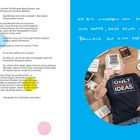 Links Text über kreative Wahrnehmung und Umdenken. Rechts handgeschrieben: "Ich bin umgeben von Genies..." schwarzes T-Shirt.