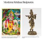 Anne Hartig, Im Fokus: Moderne Krishna-Skulpturen. Zwei Darstellungen von Krishna, links farbenprächtig, rechts bronzeartig.