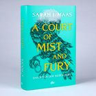 „SARAH J. MAAS, A COURT OF MIST AND FURY, DAS REICH DER SIEBEN HÖFE“ in Gelb auf türkisfarbenem Buchcover mit Vogelillustration.