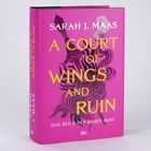 „A Court of Wings and Ruin“ von Sarah J. Maas. Illustration: Degen und Rauchschwaden auf pinkem Hintergrund.