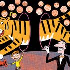 Illustration einer Zirkusszene: Ein Tiger springt durch Reifen, gehalten von einem Kind und einem Mann, Publikum im Hintergrund.