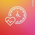 Herz mit EKG-Linie und Uhr in Weiß auf einem Farbverlauf von Orange zu Pink.