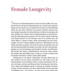 "Female Longevity" in großer, rosa Schrift oben. Ein Text über positive Einstellung und Ernährung im Alter. Seite 9.