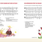 Links oben: "Ri-ra-rutsch! Wir fahren mit der Kutsch!". Rechts oben: "Ein Männlein steht im Walde". Illustration einer Schnecke und Hagebutten.