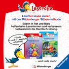 „Leichter lesen lernen mit der Mildenberger Silbenmethode“ steht oben. Zwei Kinderbuchcover, ein Vogel und Sprechblase: „Für die 1. und 2. Lesestufe erhältlich!“ Links ein Vogel, unten Mildenberger und Ravensburger Logos.