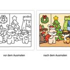 Links: "vor dem Ausmalen". Rechts: "nach dem Ausmalen". Illustration: Zwei Tiere, Weihnachtsbaum, Kamin, Schnee draußen.