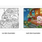 Links: "vor dem Ausmalen". Rechts: "nach dem Ausmalen". Illustration eines Regenszenarios auf einer Veranda.