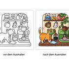 Links "SUGAR" & "TEA" auf Dosen, rechts farbig. Katze schnuppert an einer Tasse vor einer Kaffeemaschine.