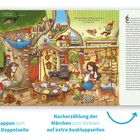 Zusätzliche Klappen zum Öffnen auf jeder Doppelseite. Nacherzählung der Märchen zum Vorlesen auf extra Ausklappseiten. Eine bunte Illustration einer Märchenszene mit Zwergen und Tieren in einem gemütlichen Haus. Auf der rechten Seite ein Märchentext mit mehreren Absätzen.