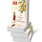 Text: "SPIEGEL Bestseller-Autorin, Antonia Riepp, Der Garten der Geheimnisse, Roman, Piper." Stapel von Büchern mit Zitronen.