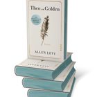 „Theo in Golden“, Roman von Allen Levi. Stapel mit Büchern, hellblaue Buchrücken, dezente Federzeichnung auf dem Cover.