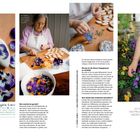 Texte: "Die Verarbeitung der zarten Blüten verlangt viel Fingerspitzengefühl." "War­um ist dir dieses Engagement so wichtig?" "Was machst du gerade?" "Ich möchte etwas schaffen, das Freude macht und Menschen wieder näher zusammenbringt." Auf den Fotos: Eine Frau dekoriert Kekse mit Blüten; Blüten auf Keksen; eine Schüssel mit bunten Blüten; jemand pflückt Blumen im Garten.