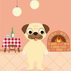 Zwei runde Lampen, Tisch mit karierter Tischdecke, Flasche, Glas, Pizzabackofen, sitzender Mops.