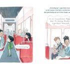 „Tschuldigung“, in einer Bahn voller Menschen. Mädchen denkt: „So ein freundliches Mädchen- aber ihr kleiner Bruder ist komisch."