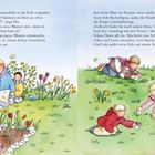 Links: Kinder lesen ein Gartenbuch im Blumenbeet. Rechts: Kinder beobachten Insekten im Gras. Farbenfrohe, fröhliche Illustration.