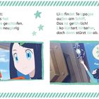 Text: "Liko bemerkt: Terapagos hat viele Jahre geschlafen. Jetzt ist es neugierig und flink. Liko findet Terapagos außen am Schiff. Das ist gefährlich! Liko klettert hinterher, doch dann stürzt sie ab." Illustration zeigt Liko und ein blaues Wesen.