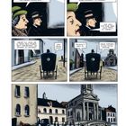 Texte in Sprechblasen, zwei Personen in einer Kutsche, darunter Stadtansicht mit Kirche und Kutsche.