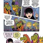 Eine Comic-Szene mit sprechenden Dinosauriern und einer Frau, die über Musik und Auftritte sprechen.