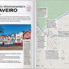 "Ein Wochenende in Aveiro", "Ovos moles", "Moleiros Pier". Links Foto von bunten Häusern, rechts Karte von Aveiro.