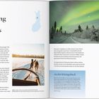 Nord­europa: Finnland, Entdeckung der Magie Lapplands. Oben: Huskys ziehen Schlitten. Rechts: Polarlichter über winterlichem Wald.