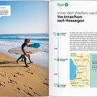 Tour E im Überblick. Tour-Highlights: Dune du Pilat, Courant d'Huchet, Arcachons Winterstadt. Karte einer Küste.