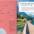 Linke Seite: Landkarte mit Route durch Slowenien; Rechte Seite: Landschaftsfoto mit Holzsteg über türkisfarbenem Wasser.