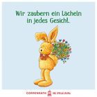 "Wir zaubern ein Lächeln in jedes Gesicht." Illustration: Ein gelber Hase hält einen bunten Blumenstrauß.
